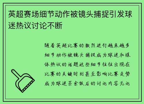 英超赛场细节动作被镜头捕捉引发球迷热议讨论不断 英超赛场细节动作被镜头捕捉引发球迷热议讨论不断